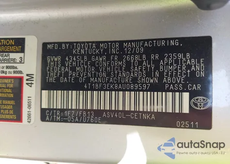 2010 Toyota Camry Le from USA, damaged, VIN 4T1BF3EK8AU089597